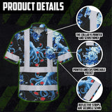 Hi Vis Hawaiian Shirt Reflective Tapes Blue Flowers Octopus Custom Name Safety Workwear For Workers, Truckers, Operators, Company