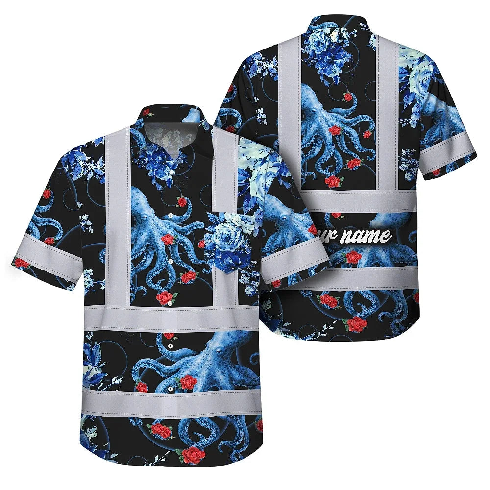 Hi Vis Hawaiian Shirt Reflective Tapes Blue Flowers Octopus Custom Name Safety Workwear For Workers, Truckers, Operators, Company