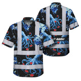 Hi Vis Hawaiian Shirt Reflective Tapes Blue Flowers Octopus Custom Name Safety Workwear For Workers, Truckers, Operators, Company