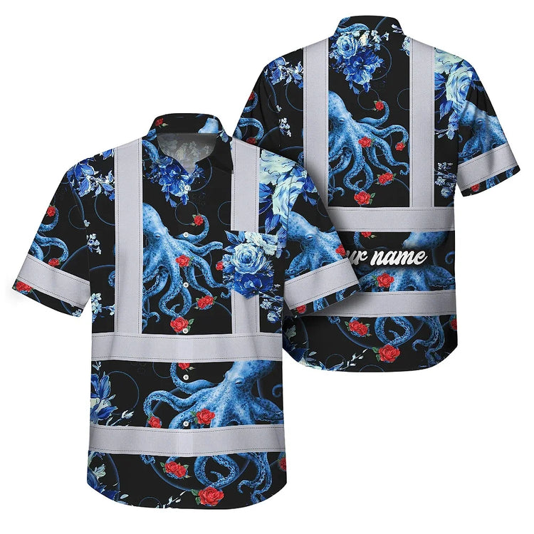 Blue Flowers Octopus Hi-Vis Hawaiian Shirt