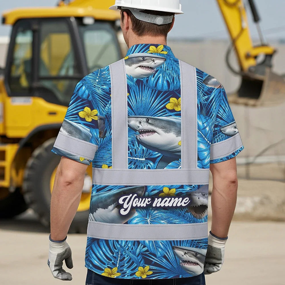 Hi Vis Hawaiian Shirt Reflective Tapes Blue Flowers Shark Custom Name Safety Workwear For Workers, Truckers, Operators, Company
