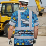 Hi Vis Hawaiian Shirt Reflective Tapes Blue Flowers Shark Custom Name Safety Workwear For Workers, Truckers, Operators, Company