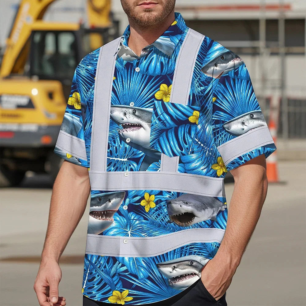 Hi Vis Hawaiian Shirt Reflective Tapes Blue Flowers Shark Custom Name Safety Workwear For Workers, Truckers, Operators, Company