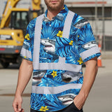 Hi Vis Hawaiian Shirt Reflective Tapes Blue Flowers Shark Custom Name Safety Workwear For Workers, Truckers, Operators, Company