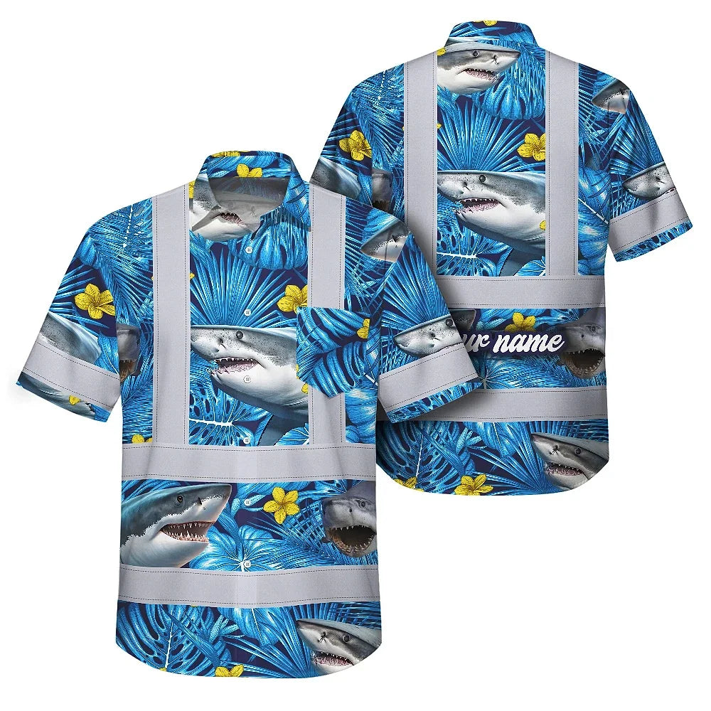 Hi Vis Hawaiian Shirt Reflective Tapes Blue Flowers Shark Custom Name Safety Workwear For Workers, Truckers, Operators, Company