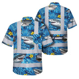 Hi Vis Hawaiian Shirt Reflective Tapes Blue Flowers Shark Custom Name Safety Workwear For Workers, Truckers, Operators, Company