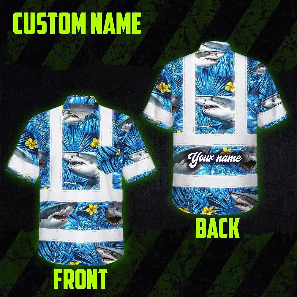 Hi Vis Hawaiian Shirt Reflective Tapes Blue Flowers Shark Custom Name Safety Workwear For Workers, Truckers, Operators, Company