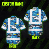 Hi Vis Hawaiian Shirt Reflective Tapes Blue Flowers Shark Custom Name Safety Workwear For Workers, Truckers, Operators, Company