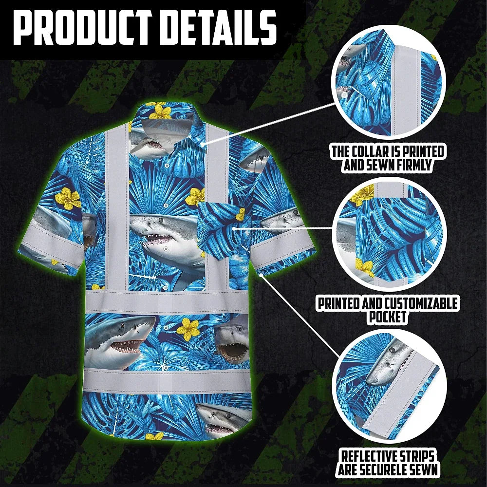 Hi Vis Hawaiian Shirt Reflective Tapes Blue Flowers Shark Custom Name Safety Workwear For Workers, Truckers, Operators, Company