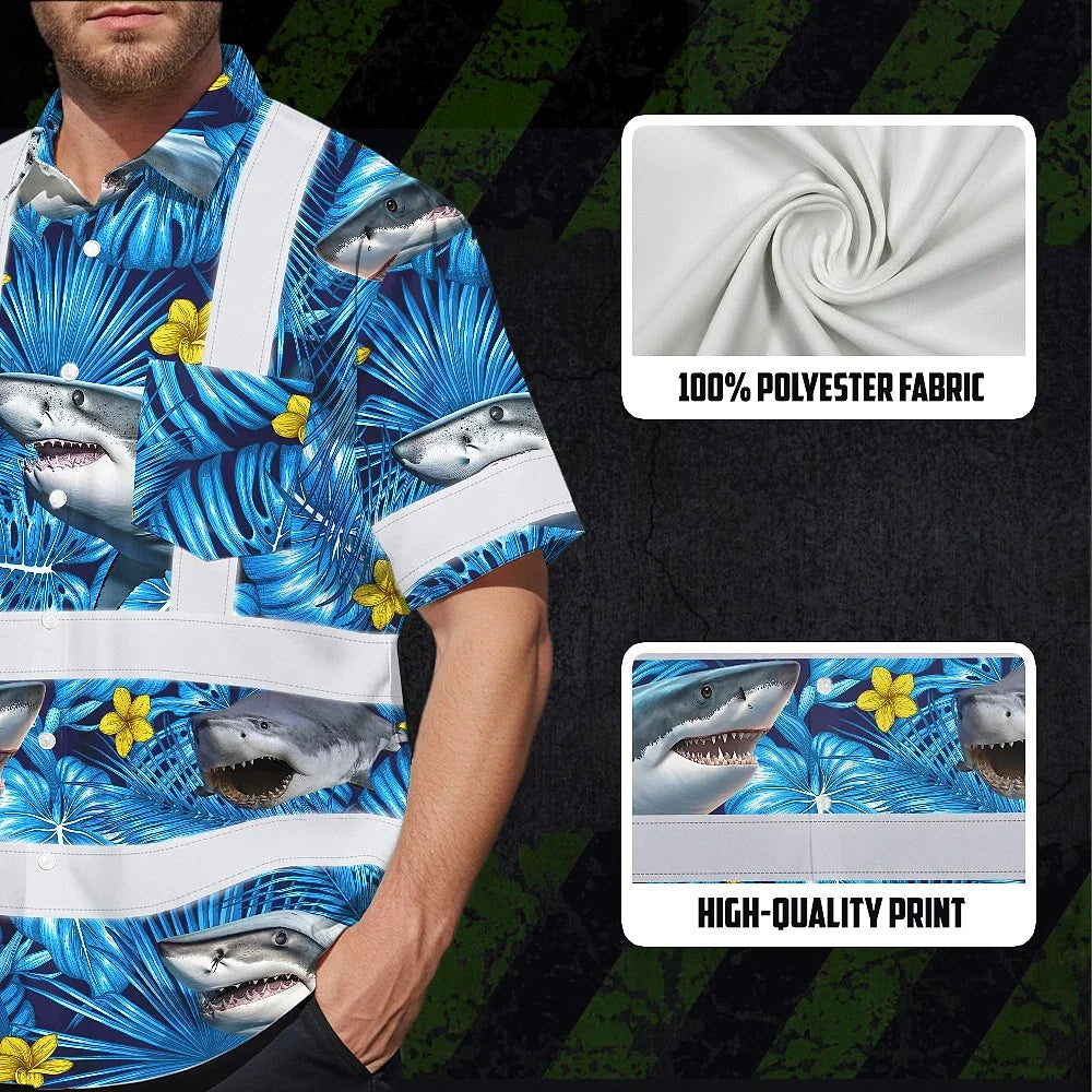Hi Vis Hawaiian Shirt Reflective Tapes Blue Flowers Shark Custom Name Safety Workwear For Workers, Truckers, Operators, Company