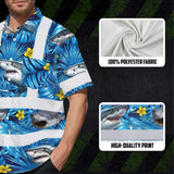 Hi Vis Hawaiian Shirt Reflective Tapes Blue Flowers Shark Custom Name Safety Workwear For Workers, Truckers, Operators, Company