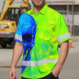 Hi Vis Hawaiian Shirt Reflective Tapes Blue Green Skull Custom Name Safety Workwear For Workers, Truckers, Operators