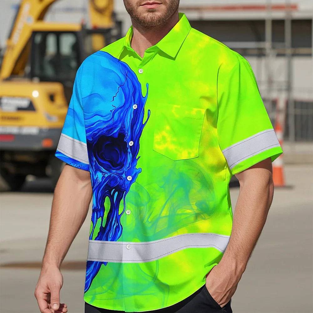 Hi Vis Hawaiian Shirt Reflective Tapes Blue Green Skull Custom Name Safety Workwear For Workers, Truckers, Operators
