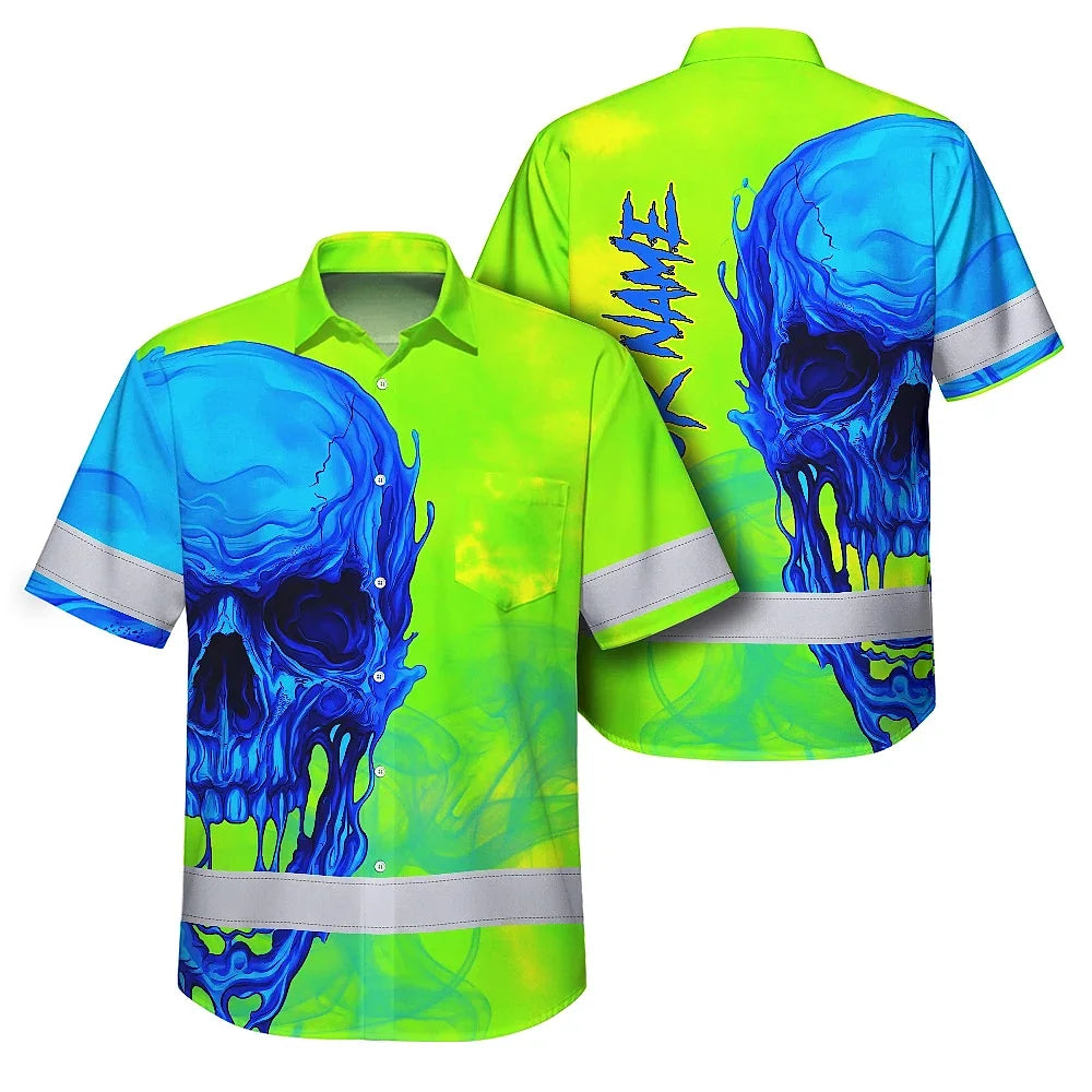 Hi Vis Hawaiian Shirt Reflective Tapes Blue Green Skull Custom Name Safety Workwear For Workers, Truckers, Operators
