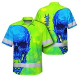 Hi Vis Hawaiian Shirt Reflective Tapes Blue Green Skull Custom Name Safety Workwear For Workers, Truckers, Operators