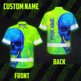 Hi Vis Hawaiian Shirt Reflective Tapes Blue Green Skull Custom Name Safety Workwear For Workers, Truckers, Operators