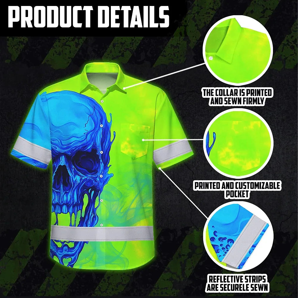 Hi Vis Hawaiian Shirt Reflective Tapes Blue Green Skull Custom Name Safety Workwear For Workers, Truckers, Operators