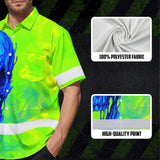 Hi Vis Hawaiian Shirt Reflective Tapes Blue Green Skull Custom Name Safety Workwear For Workers, Truckers, Operators