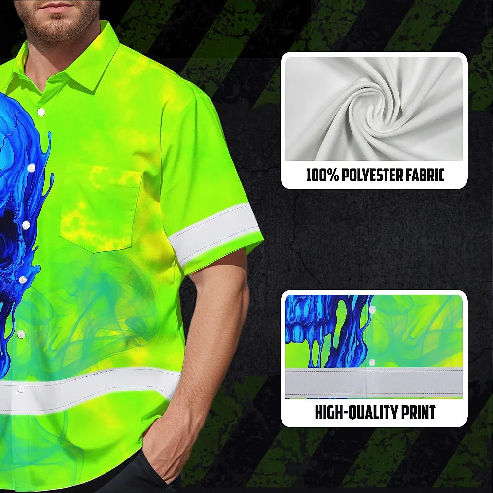 Hi Vis Hawaiian Shirt Reflective Tapes Blue Green Skull Custom Name Safety Workwear For Workers, Truckers, Operators