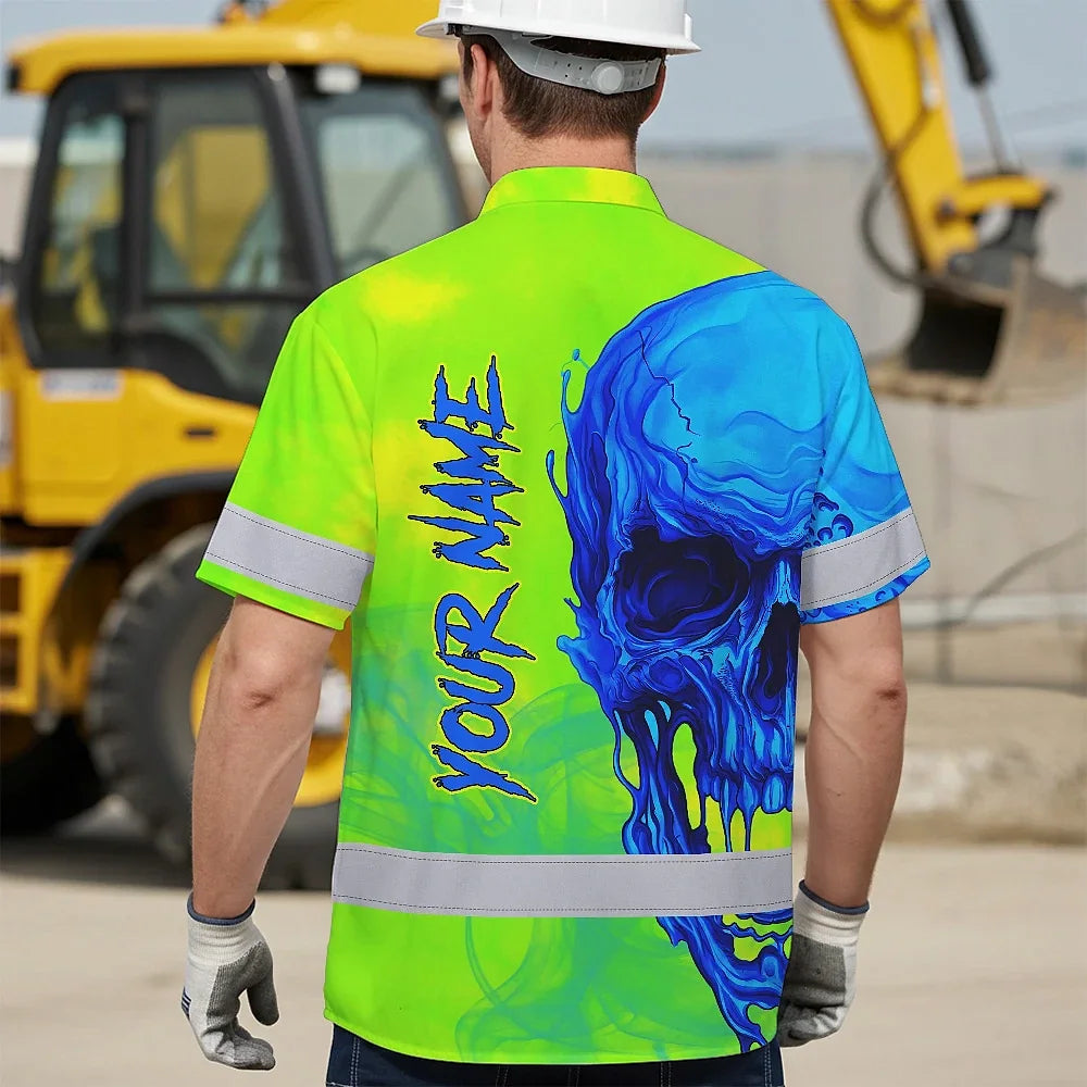 Hi Vis Hawaiian Shirt Reflective Tapes Blue Green Skull Custom Name Safety Workwear For Workers, Truckers, Operators