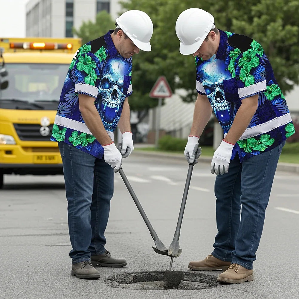 Hi Vis Hawaiian Shirt Reflective Tapes Blue Green Skull Flower Custom Name Safety Workwear For Workers, Truckers, Operators