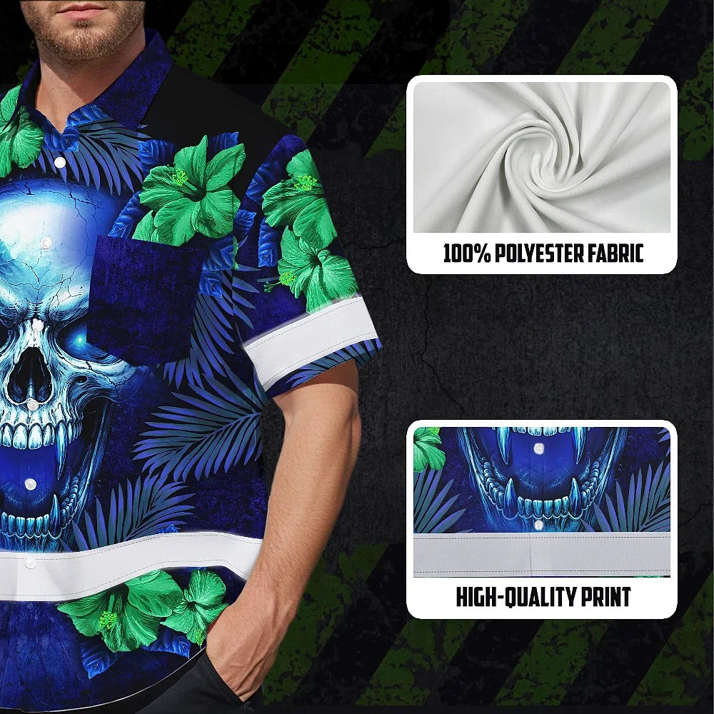 Hi Vis Hawaiian Shirt Reflective Tapes Blue Green Skull Flower Custom Name Safety Workwear For Workers, Truckers, Operators