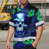 Hi Vis Hawaiian Shirt Reflective Tapes Blue Green Skull Flower Custom Name Safety Workwear For Workers, Truckers, Operators