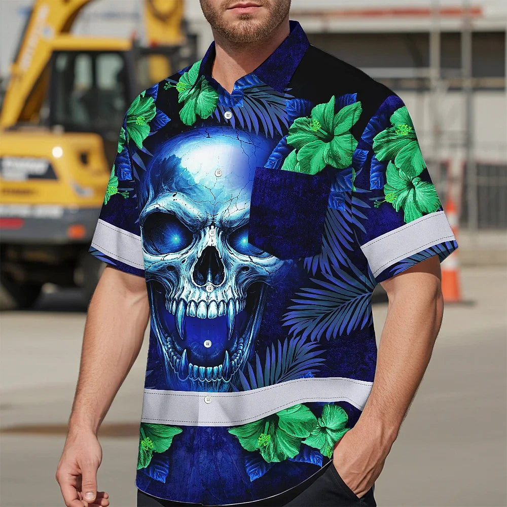 Hi Vis Hawaiian Shirt Reflective Tapes Blue Green Skull Flower Custom Name Safety Workwear For Workers, Truckers, Operators