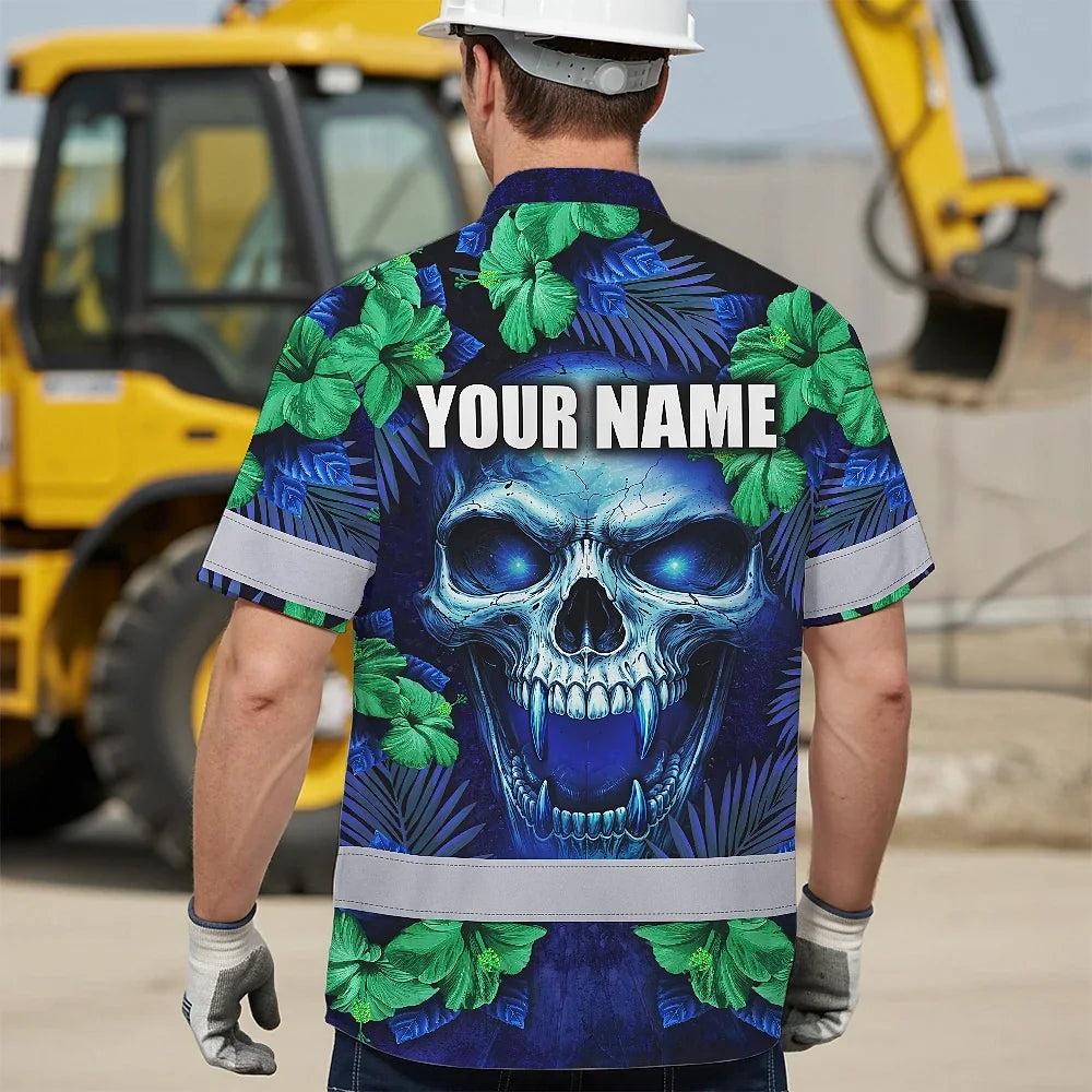 Hi Vis Hawaiian Shirt Reflective Tapes Blue Green Skull Flower Custom Name Safety Workwear For Workers, Truckers, Operators