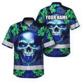 Hi Vis Hawaiian Shirt Reflective Tapes Blue Green Skull Flower Custom Name Safety Workwear For Workers, Truckers, Operators