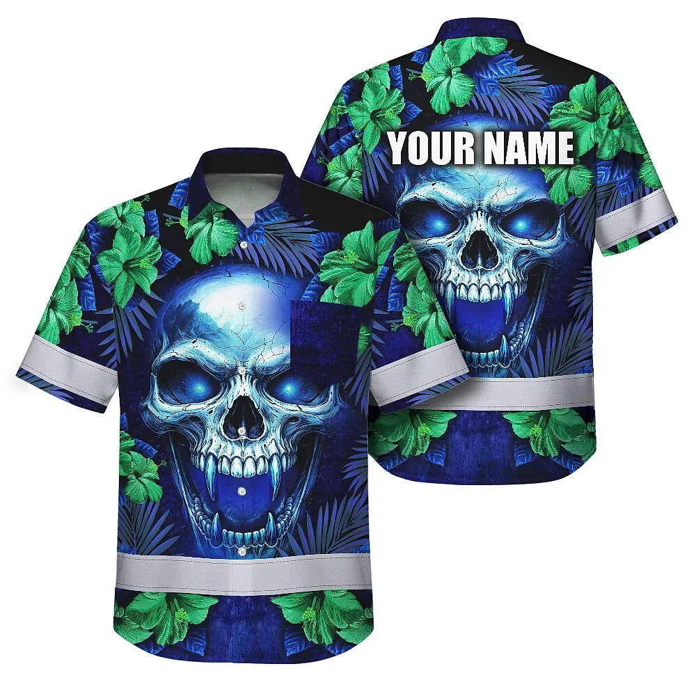 Hi Vis Hawaiian Shirt Reflective Tapes Blue Green Skull Flower Custom Name Safety Workwear For Workers, Truckers, Operators