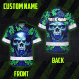 Hi Vis Hawaiian Shirt Reflective Tapes Blue Green Skull Flower Custom Name Safety Workwear For Workers, Truckers, Operators