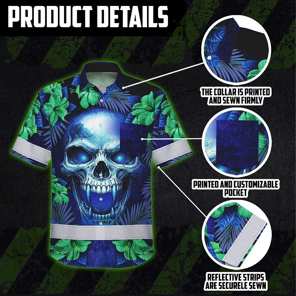 Hi Vis Hawaiian Shirt Reflective Tapes Blue Green Skull Flower Custom Name Safety Workwear For Workers, Truckers, Operators