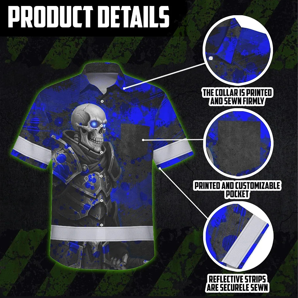 Hi Vis Hawaiian Shirt Reflective Tapes Blue Grey Neon Skull Custom Name Safety Workwear For Workers, Truckers, Operators