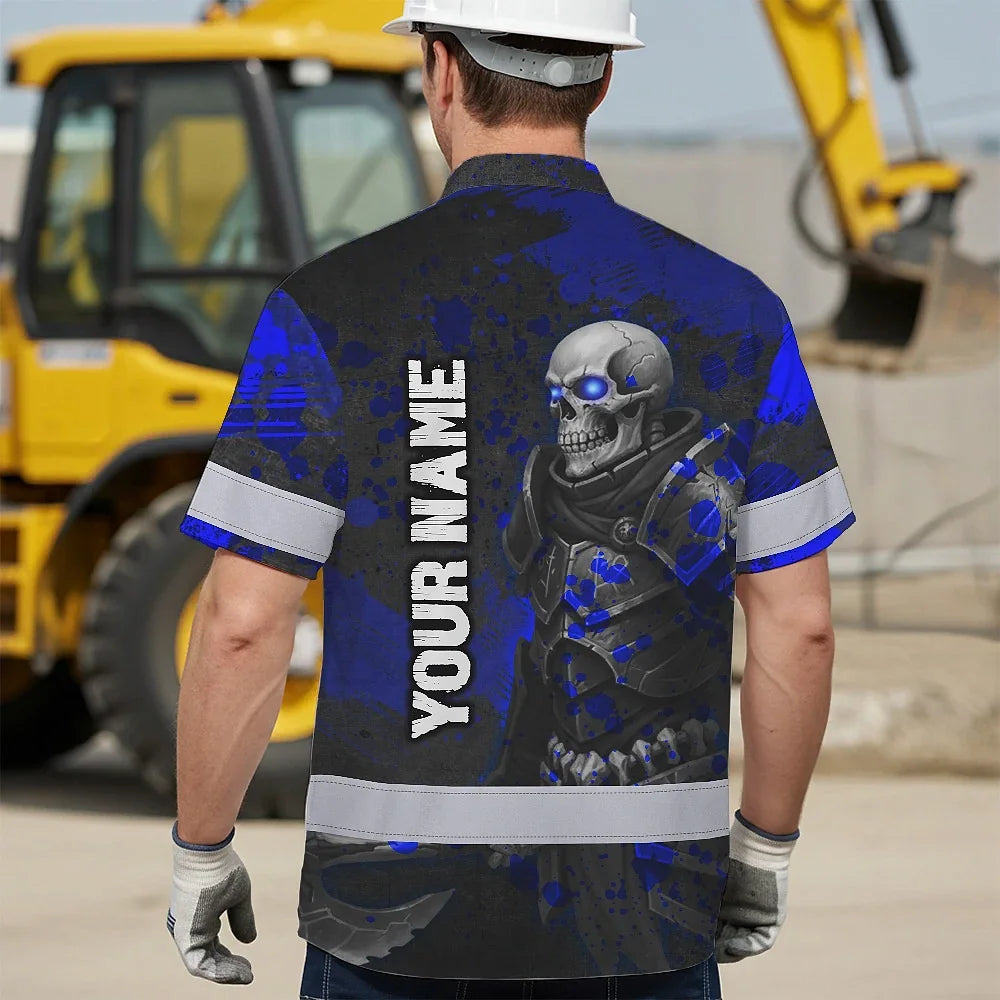Hi Vis Hawaiian Shirt Reflective Tapes Blue Grey Neon Skull Custom Name Safety Workwear For Workers, Truckers, Operators