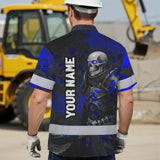 Hi Vis Hawaiian Shirt Reflective Tapes Blue Grey Neon Skull Custom Name Safety Workwear For Workers, Truckers, Operators