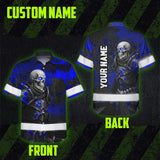 Hi Vis Hawaiian Shirt Reflective Tapes Blue Grey Neon Skull Custom Name Safety Workwear For Workers, Truckers, Operators