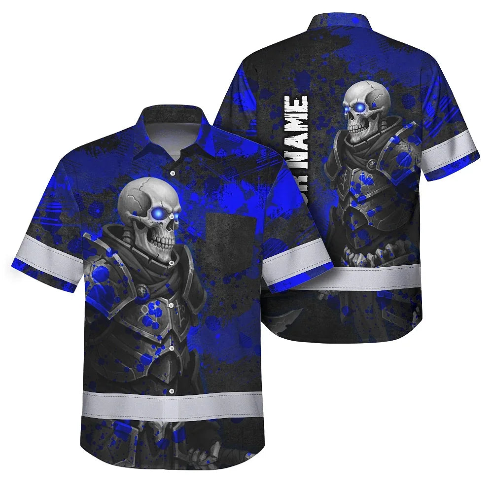 Hi Vis Hawaiian Shirt Reflective Tapes Blue Grey Neon Skull Custom Name Safety Workwear For Workers, Truckers, Operators