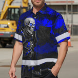 Hi Vis Hawaiian Shirt Reflective Tapes Blue Grey Neon Skull Custom Name Safety Workwear For Workers, Truckers, Operators