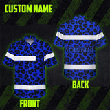 Hi Vis Hawaiian Shirt Reflective Tapes Blue Leopard Custom Name Safety Workwear For Workers, Truckers, Operators