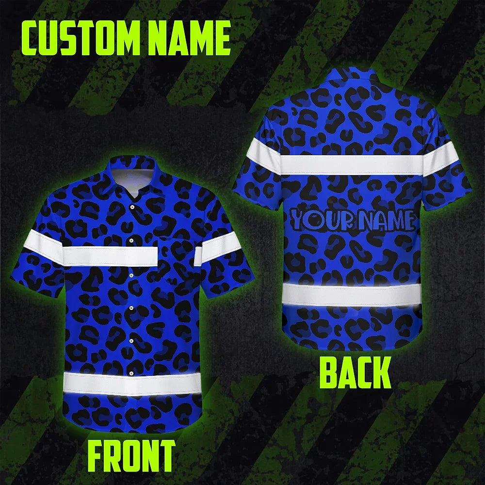 Hi Vis Hawaiian Shirt Reflective Tapes Blue Leopard Custom Name Safety Workwear For Workers, Truckers, Operators