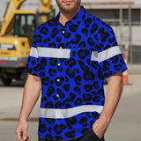 Hi Vis Hawaiian Shirt Reflective Tapes Blue Leopard Custom Name Safety Workwear For Workers, Truckers, Operators