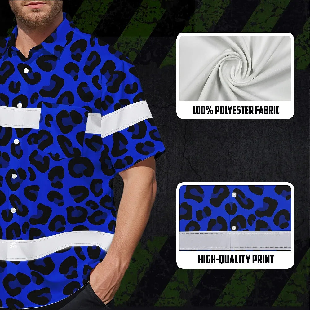 Hi Vis Hawaiian Shirt Reflective Tapes Blue Leopard Custom Name Safety Workwear For Workers, Truckers, Operators