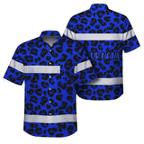 Hi Vis Hawaiian Shirt Reflective Tapes Blue Leopard Custom Name Safety Workwear For Workers, Truckers, Operators