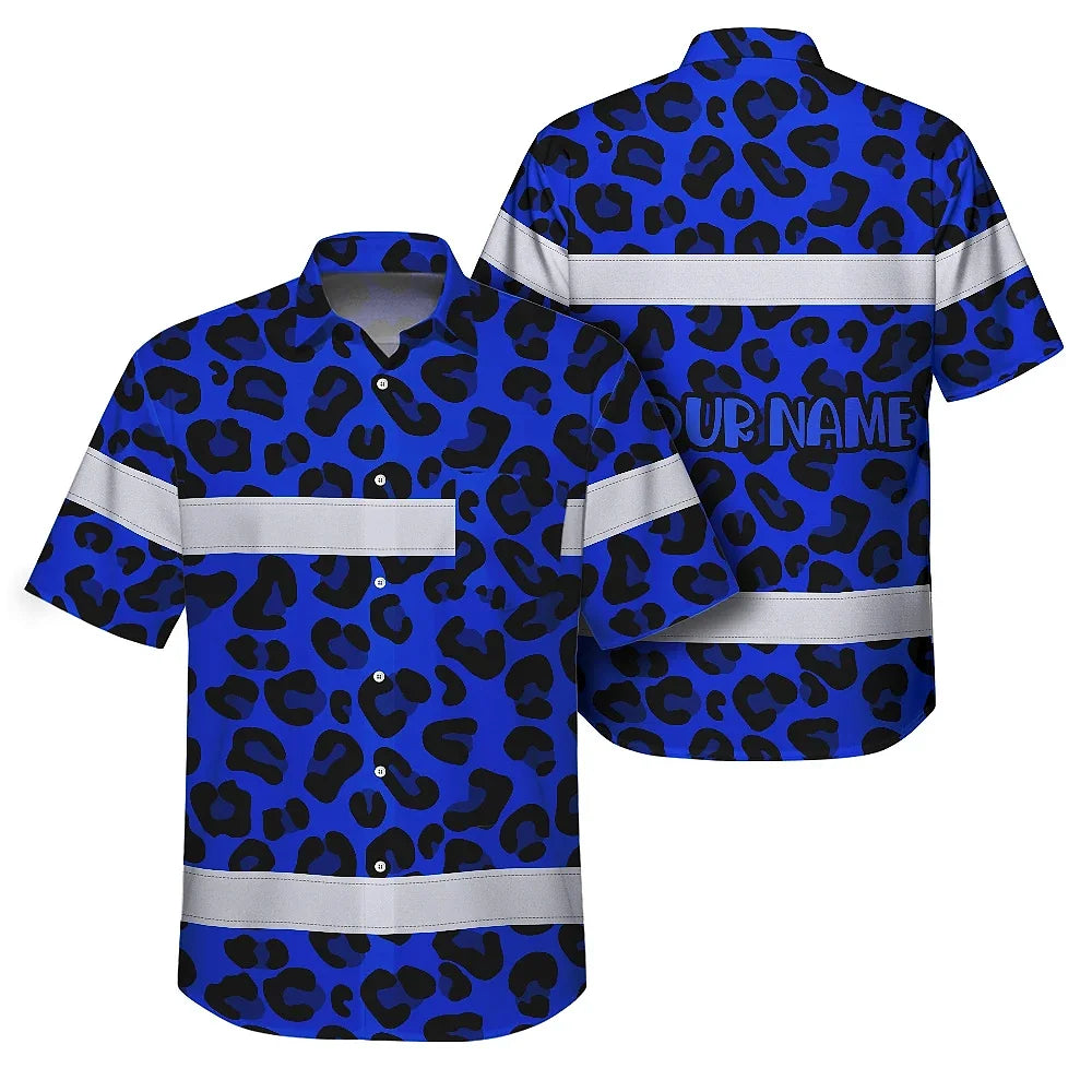 Hi Vis Hawaiian Shirt Reflective Tapes Blue Leopard Custom Name Safety Workwear For Workers, Truckers, Operators