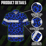 Hi Vis Hawaiian Shirt Reflective Tapes Blue Leopard Custom Name Safety Workwear For Workers, Truckers, Operators