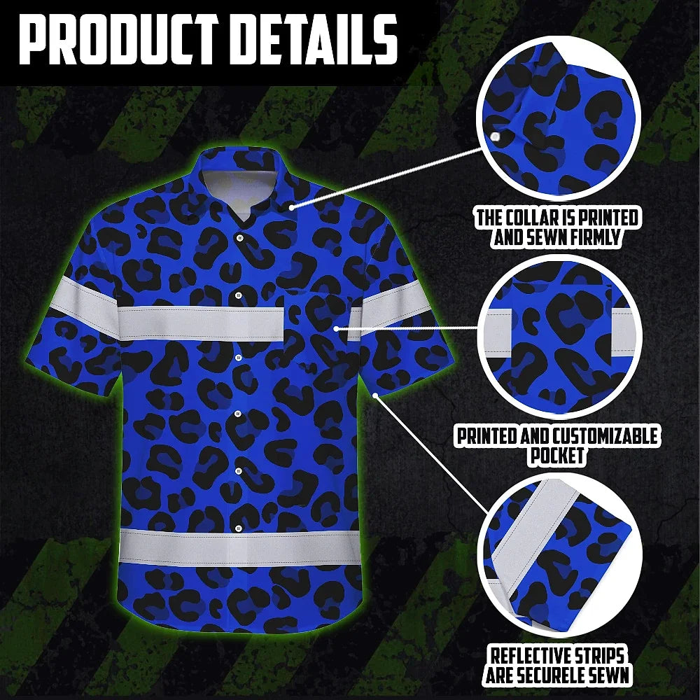 Hi Vis Hawaiian Shirt Reflective Tapes Blue Leopard Custom Name Safety Workwear For Workers, Truckers, Operators