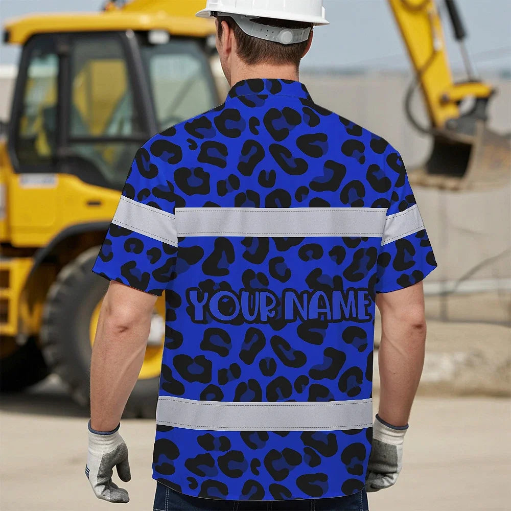 Hi Vis Hawaiian Shirt Reflective Tapes Blue Leopard Custom Name Safety Workwear For Workers, Truckers, Operators