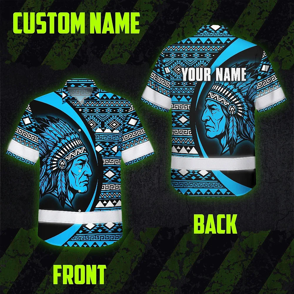 Hi Vis Hawaiian Shirt Reflective Tapes Blue Native Custom Name Safety Workwear For Workers, Truckers, Operators