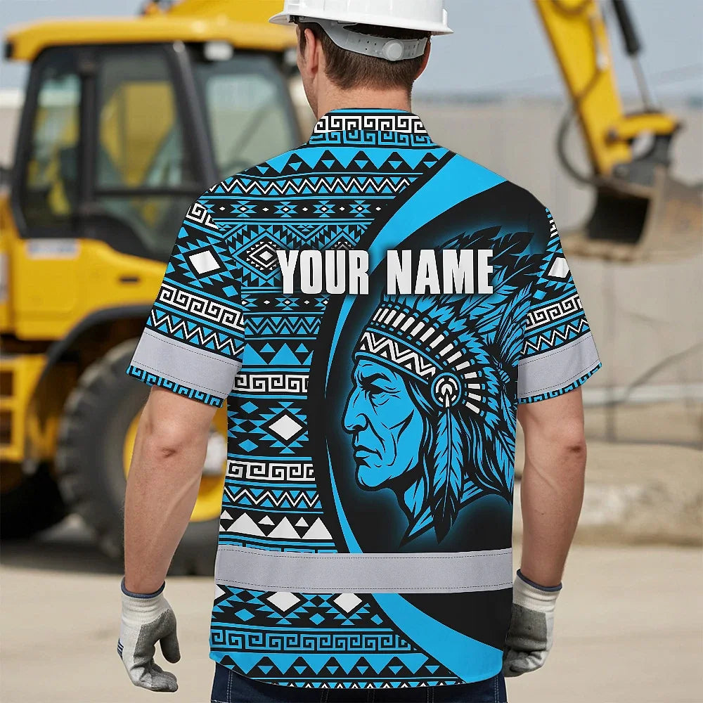 Hi Vis Hawaiian Shirt Reflective Tapes Blue Native Custom Name Safety Workwear For Workers, Truckers, Operators